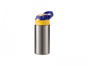 12oz/360ml Sublimation Blanks Kids Stainless Steel Bottle With Silicon Straw &amp; Blue Cap(Silver)