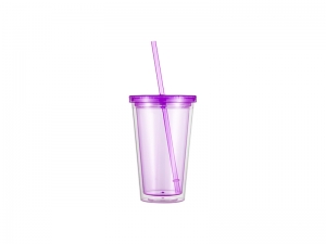 16oz/473ml Double Wall Clear Plastic Tumbler with Straw &amp; Lid (Light Purple)