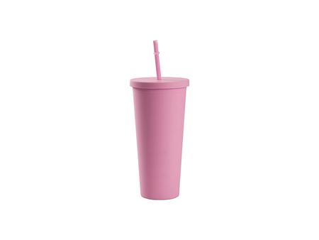 Copo Plástico Dupla Capa 24oz/700ml com Tampa e Canudo (Rosa, Pintado)