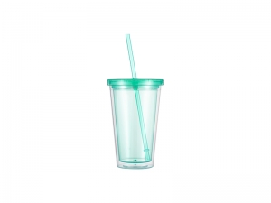 16oz/473ml Double Wall Clear Plastic Tumbler with Straw &amp; Lid (Light Green)