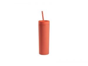 16oz/473ml Double Wall Plastic Skinny Tumbler with Straw &amp; Lid (Paint, Coral Red)