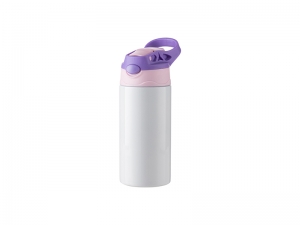 12oz/360ml Sublimation Blanks Kids Stainless Steel Bottle With Silicon Straw &amp; Purple Cap(White)