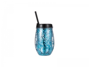 10oz/300ml Double Wall Clear Plastic Stemless Cup (Black, w/ Blue Glitters)