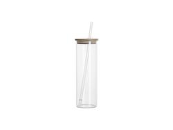Copo Vidro Fosco 20oz/600ml com canudo e Tampa de bambu com canudo e Tampa de bambu (Transparente)