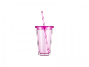 16oz/473ml Double Wall Clear Plastic Tumbler with Straw &amp; Lid (Rose Red)