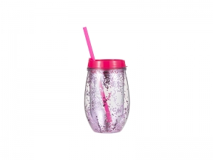 10oz/300ml Double Wall Clear Plastic Stemless Cup (Rose Red, w/ Purple Glitters)