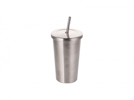 Vaso 18oz/550ml Acero Inoxidable con Tapa y Pajita (Plateado)