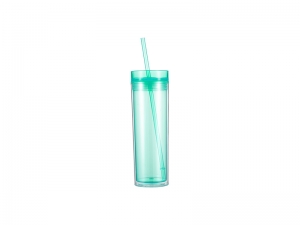 16oz/473ml Double Wall Clear Plastic Skinny Tumbler with Straw &amp; Lid (Light Green)