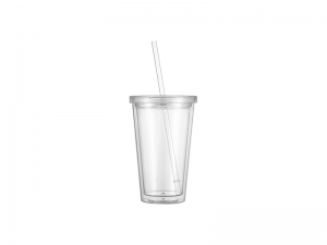 16oz/473ml Double Wall Clear Plastic Tumbler with Straw &amp; Lid (Clear)