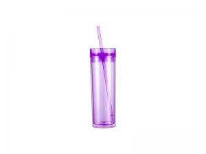 16oz/473ml Double Wall Clear Plastic Skinny Tumbler with Straw &amp; Lid (Light Purple)