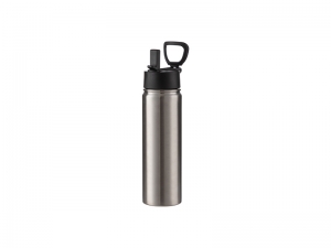 22oz/650ml Sublimation Blanks Stainless Steel Flask with Wide Mouth Straw Lid &amp; Rotating Handle (Silver)